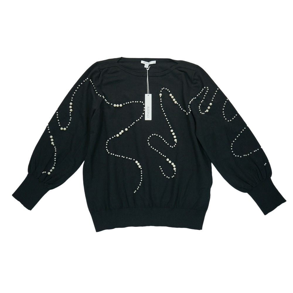 NWT Chico's Black Pearl‎ Applique Pullover Sweater Women's Size 3 MSRP $109